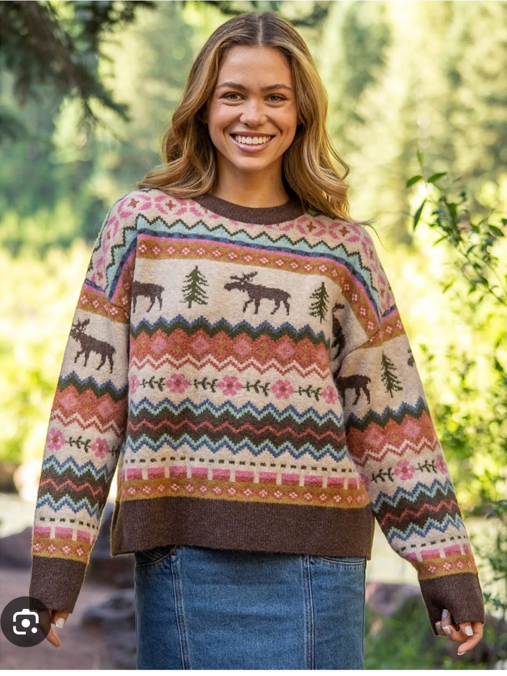 NATURAL LIFE Multi-Color Fair Isle Moose Crewneck Sweater